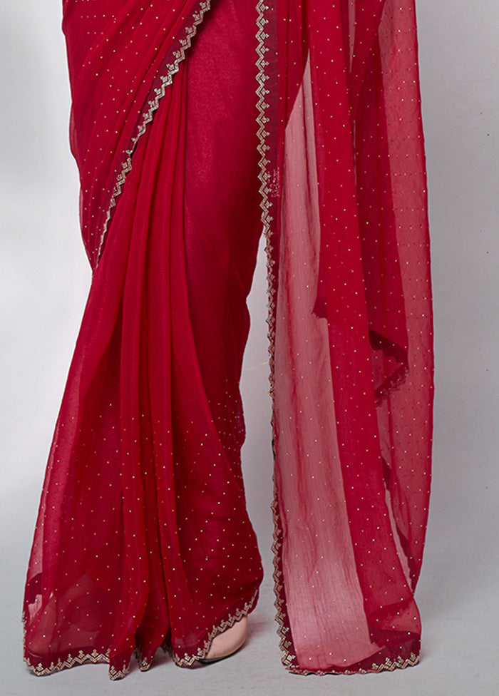 Red Spun Silk Saree With Blouse Piece Cheap Sale Big Discount