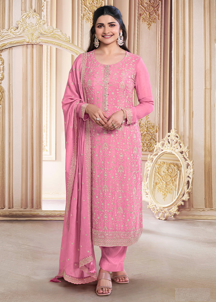 3 Pc Pink Semi Stitched Georgette Suit Set Great Deals Sale Online