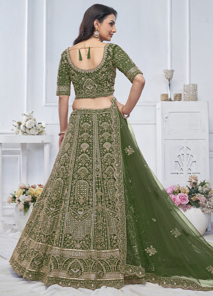 3 Pc Green Net Semi Stitched Lehenga Set Clearance Cheap Online