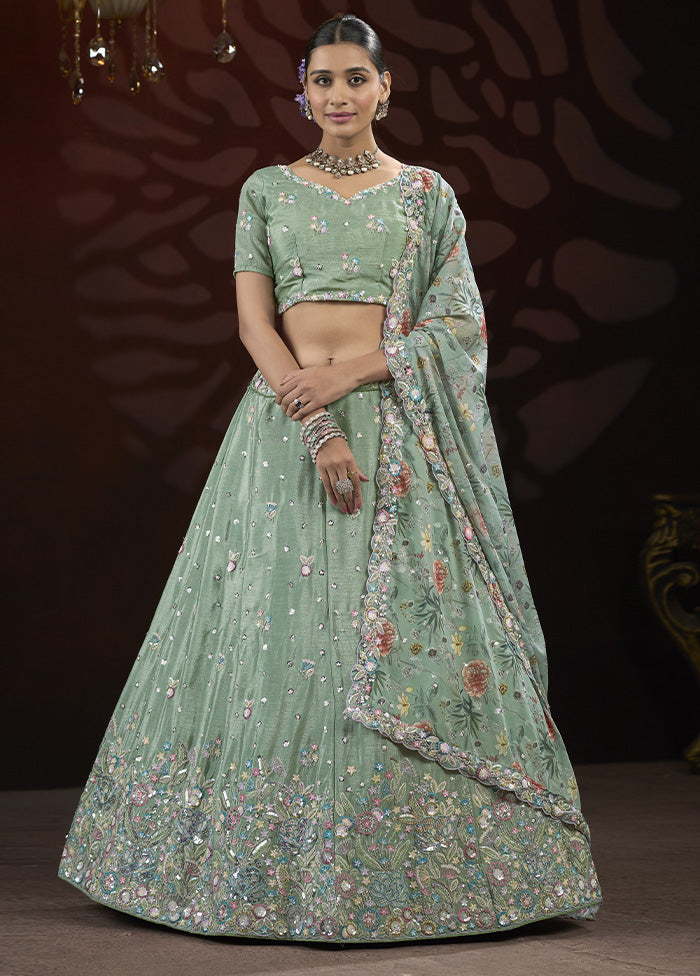 3 Pc Pista Green Silk Semi Stitched Lehenga Set Pices Online