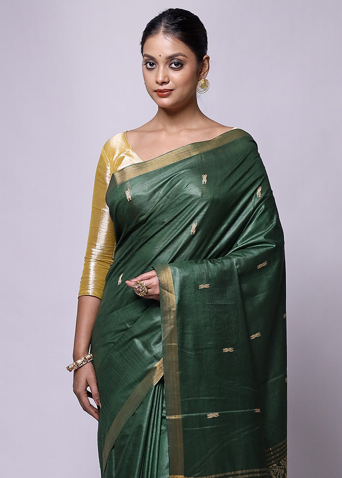 Green Handloom Tussar Pure Silk Saree With Blouse Piece Free Shipping Online