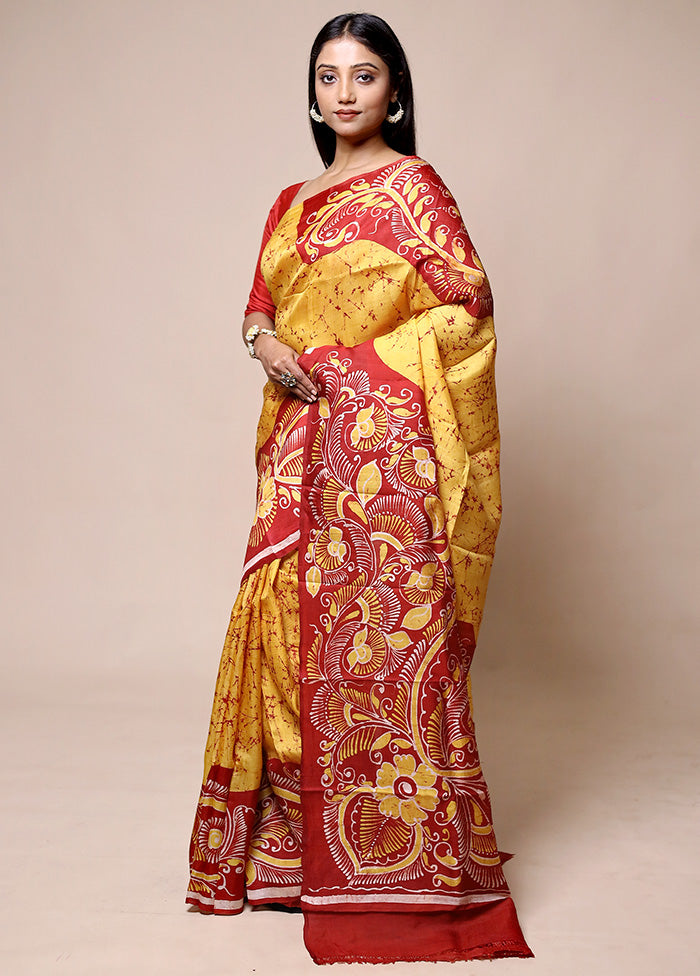 Yellow Printed Pure Silk Saree Without Blouse Piece Authentic For Sale