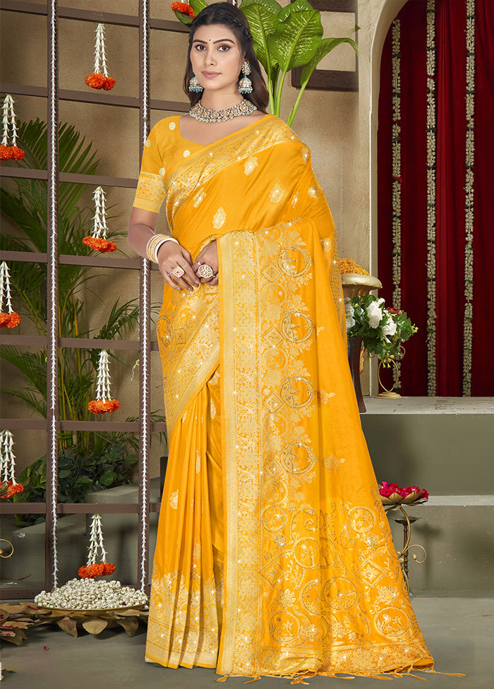 Yellow Spun Silk Saree With Blouse Piece Cheap Pice For Sale