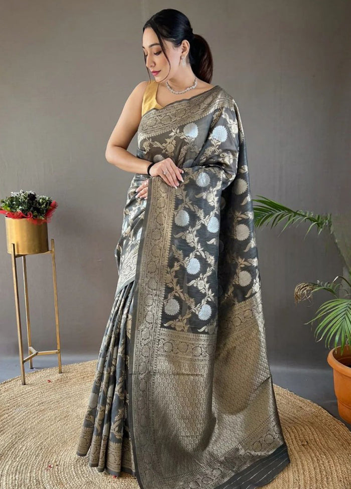 Grey Banarasi Silk Saree With Blouse Piece Cheap Sale Collections