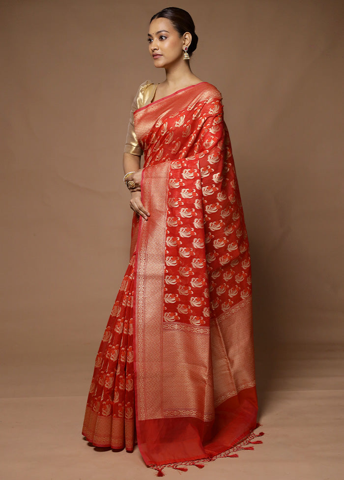 Red Kora Silk Saree With Blouse Piece High Quality Cheap Pice