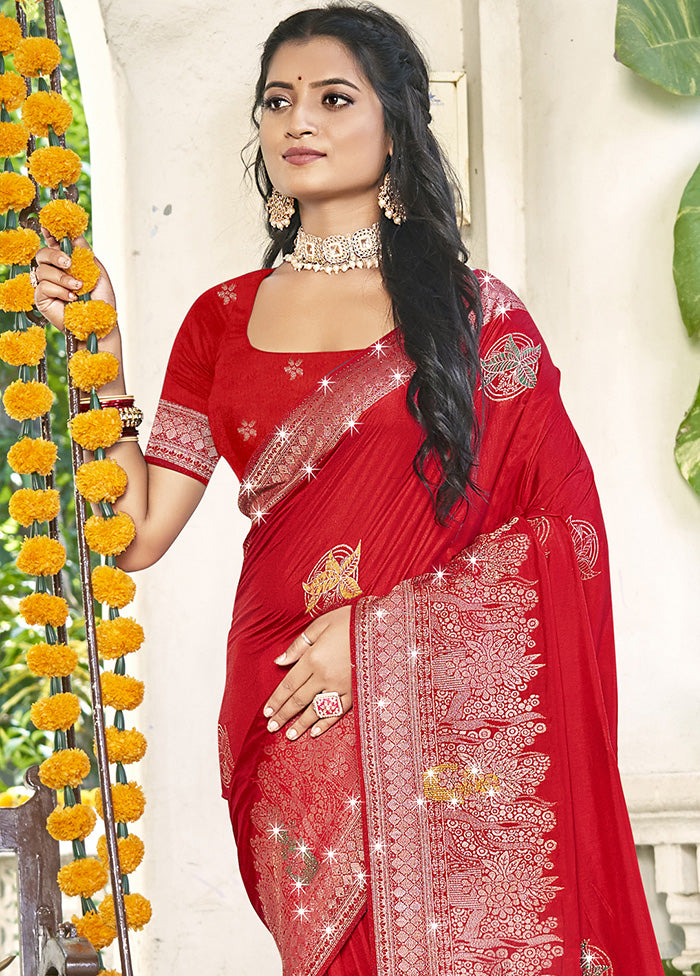 Red Spun Silk Saree With Blouse Piece Cheap Sale Get Authentic