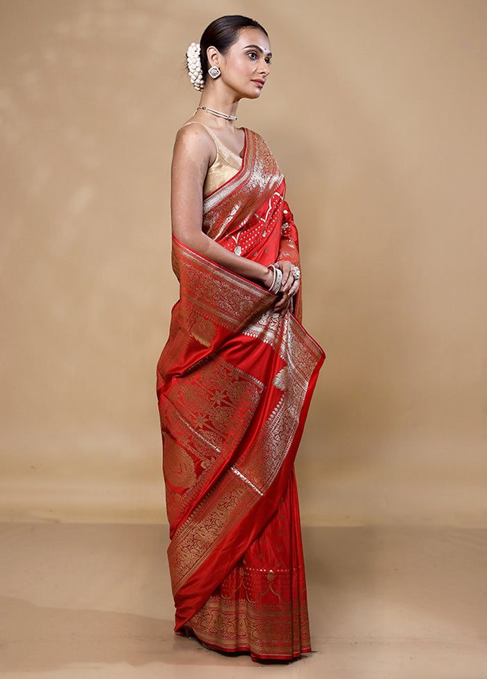 Red Banarasi Silk Saree With Blouse Piece Free Shipping For Sale