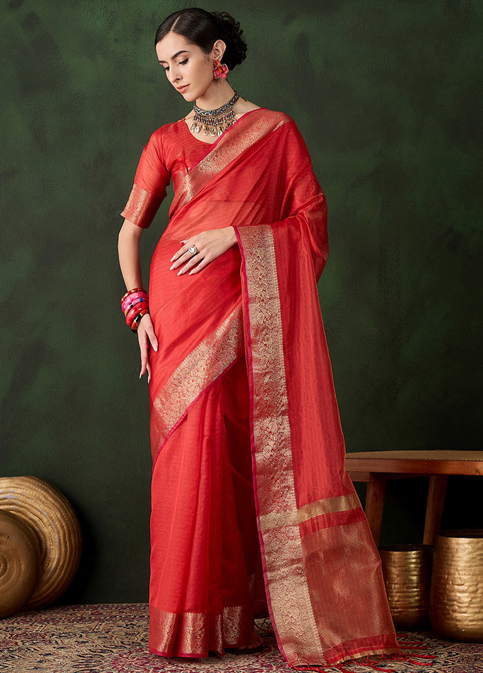 Red Organza Saree With Blouse Piece Sale Best Pices