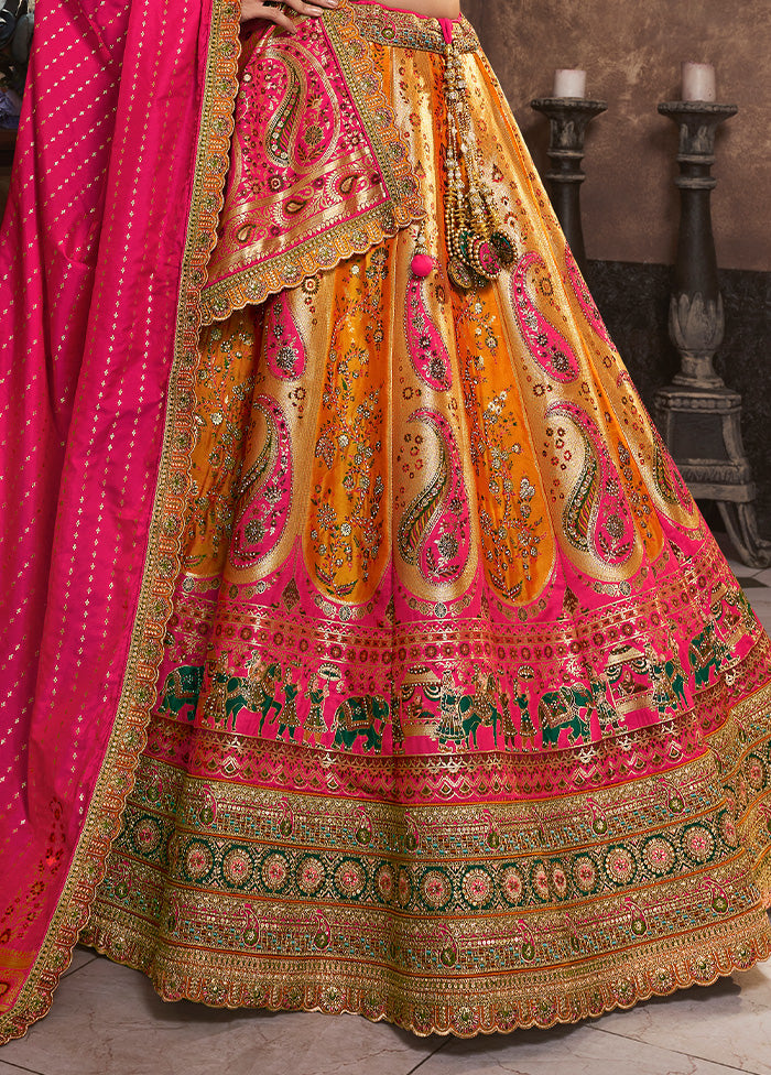 3 Pc Yellow Silk Semi Stitched Lehenga Set Popular Sale Online