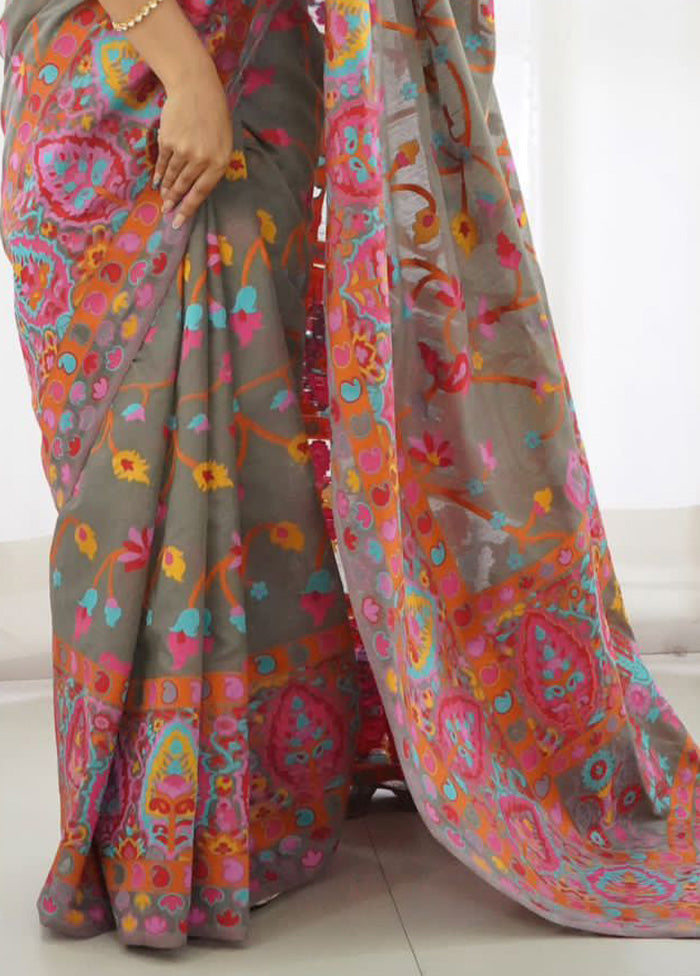 Grey Banarasi Silk Saree With Blouse Piece Cheapest Pice Online