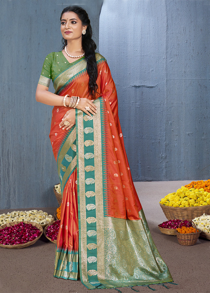 Orange Dupion Silk Saree With Blouse Piece Cheap Sale Cost