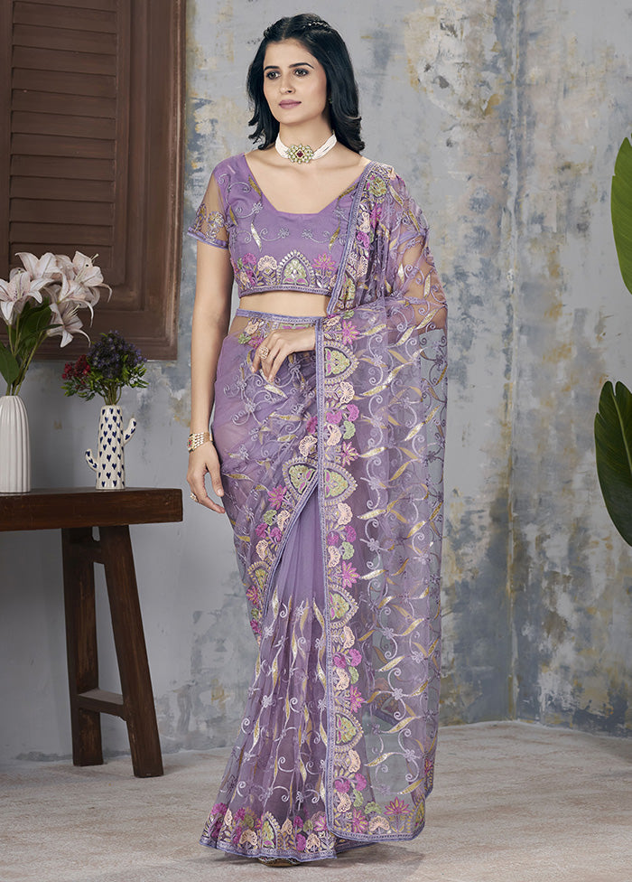 Purple Net Net Saree With Blouse Piece Fake Cheap Online