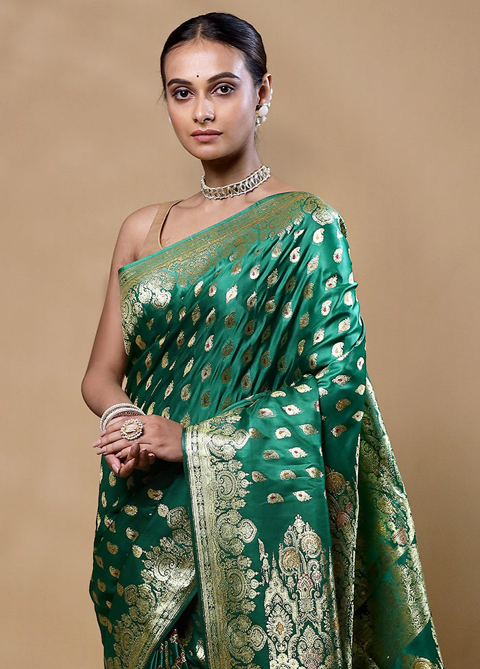 Green Banarasi Silk Saree With Blouse Piece Cheap Sale 100% Original