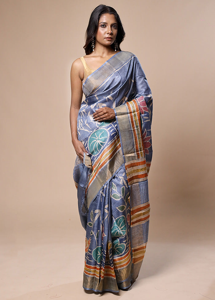 Blue Handloom Tussar Pure Silk Saree With Blouse Piece Where To Buy