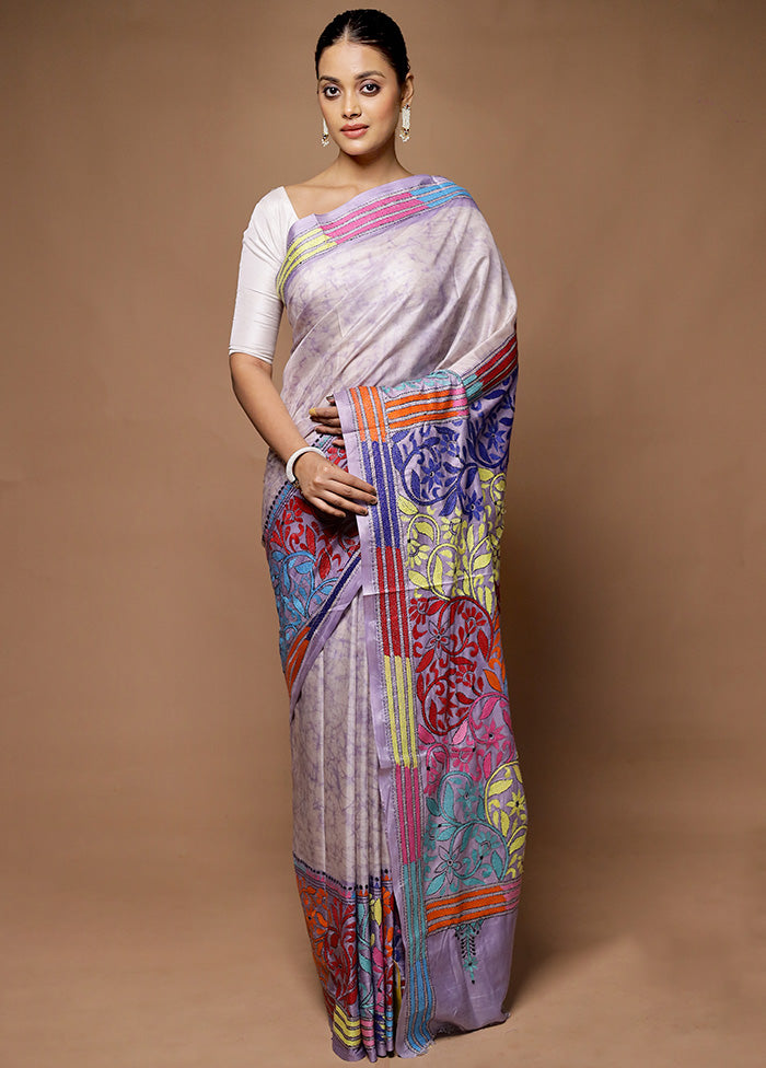 Grey Kantha Stitch Silk Saree With Blouse Piece Buy Cheap Wholesale Pice