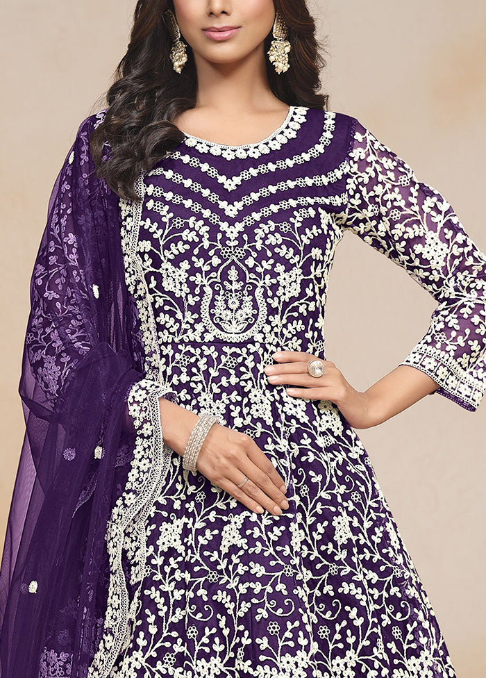 3 Pc Purple Semi Stitched Net Suit Set Pices Online