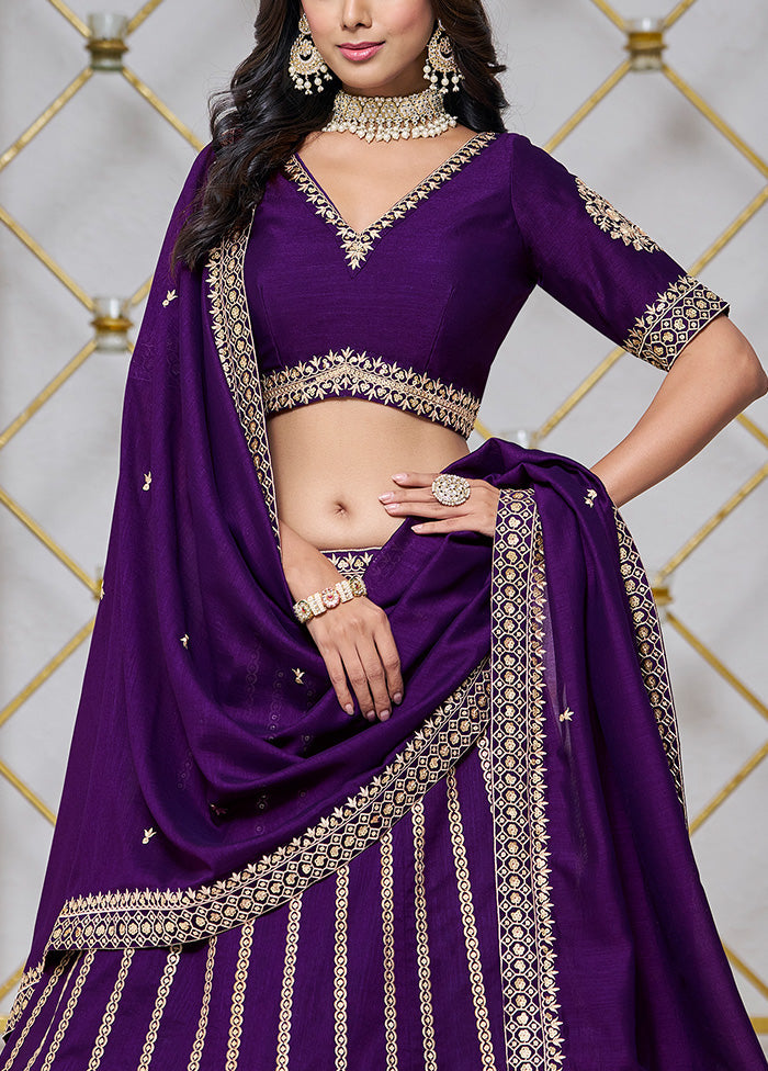 3 Pc Purple Silk Semi Stitched Lehenga Set Clearance New Arrival