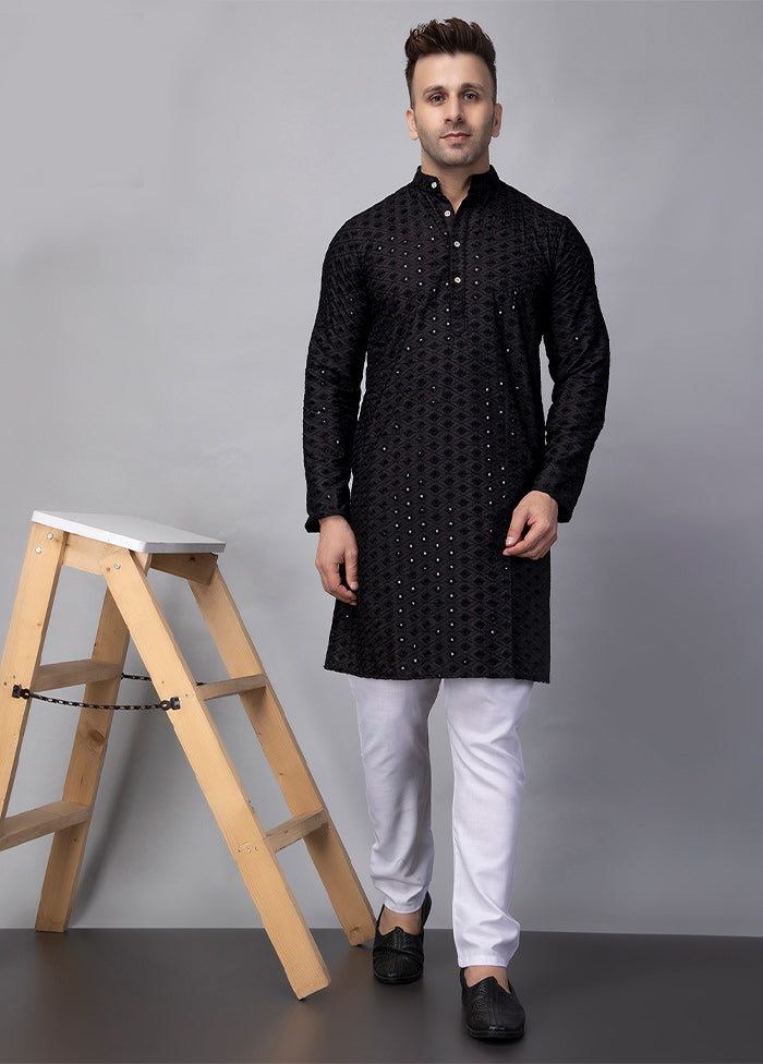 2 Pc Black Viscose Kurta Pajama Set Cheap New Styles