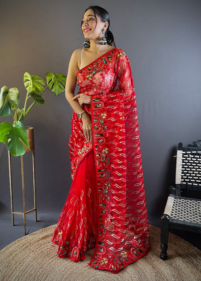 Red Net Net Saree With Blouse Piece Buy Cheap Free Shipping