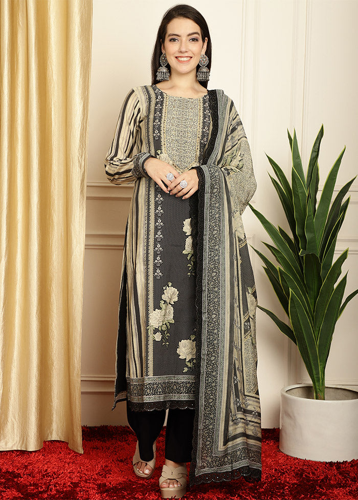 3 Pc Black Unstitched Pashmina Suit Set Marketable