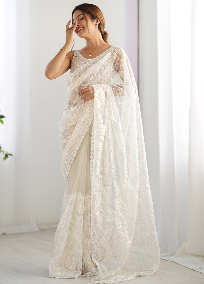 Cream Net Net Saree With Blouse Piece Outlet Clearance