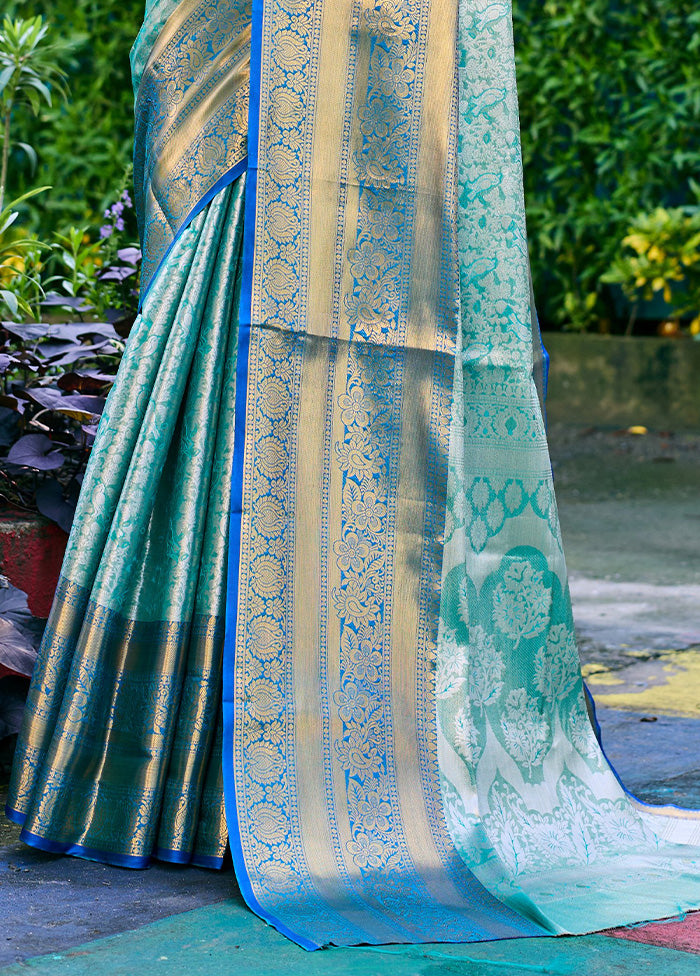 Turquoise Banarasi Silk Saree With Blouse Piece Enjoy Cheap Pice