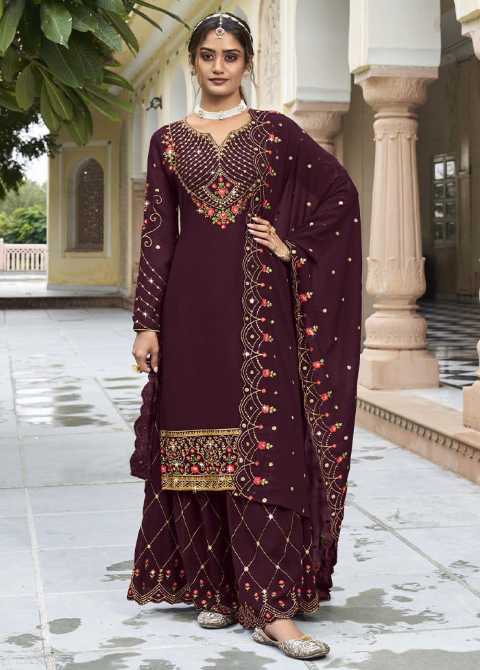 3 Pc Wine Semi Stitched Georgette Suit Set Best Seller