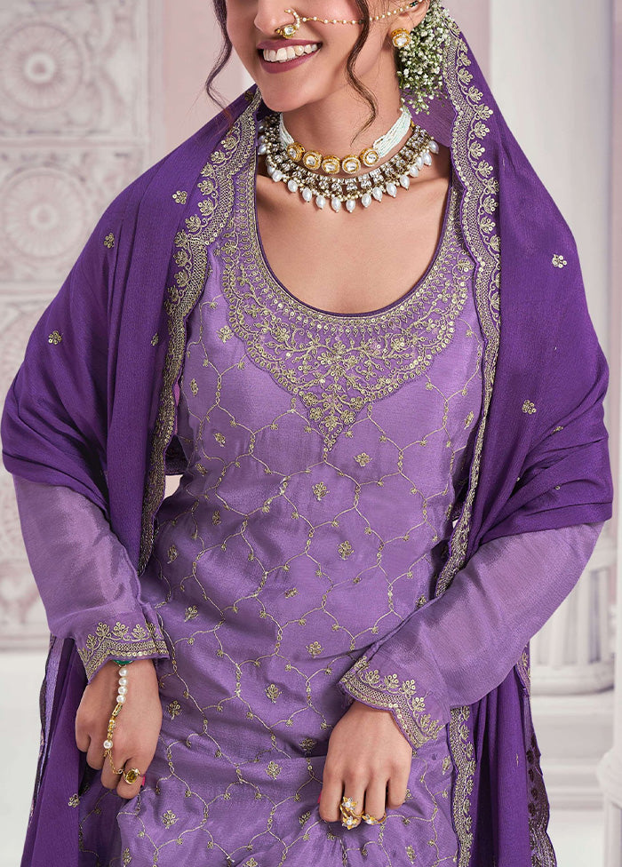 3 Pc Violet Semi Stitched Silk Dupatta Suit Set Latest Sale Online