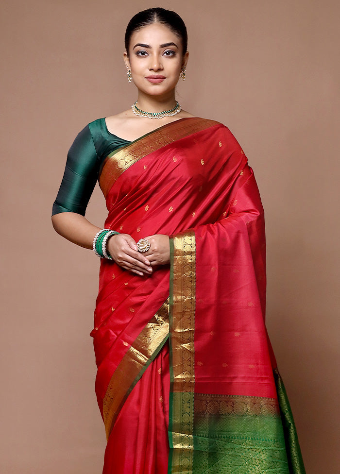 Red Handloom Kanjivaram Pure Silk Saree With Blouse Piece Outlet Cheap Online