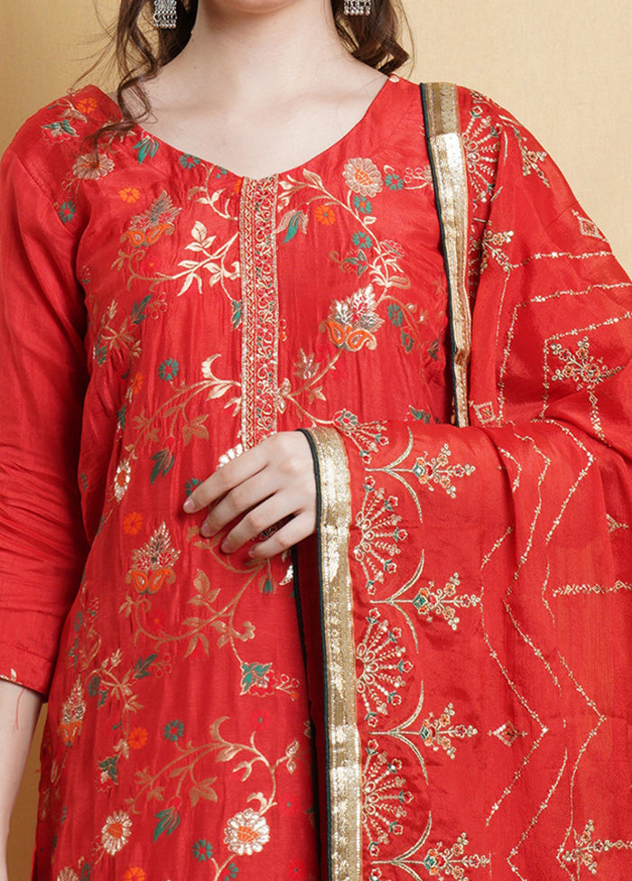 3 Pc Red Unstitched Silk Suit Set Release Dates Cheap Online