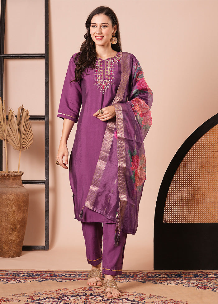 3 Pc Purple Readymade Viscose Dupatta Suit Set Outlet Official