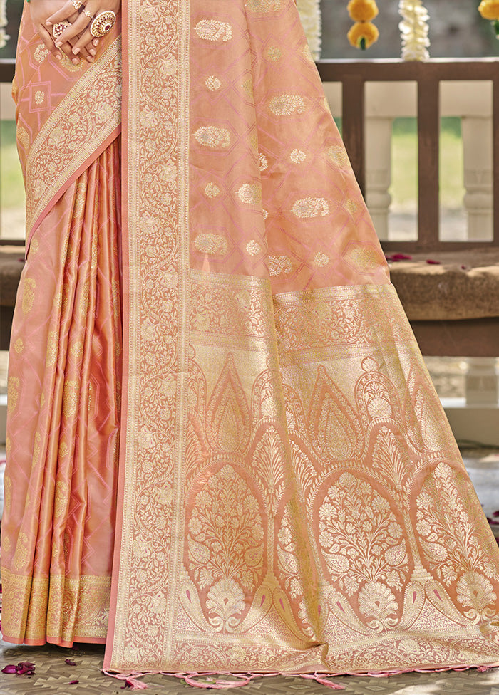 Peach Satin Silk Saree With Blouse Piece Pictures Online