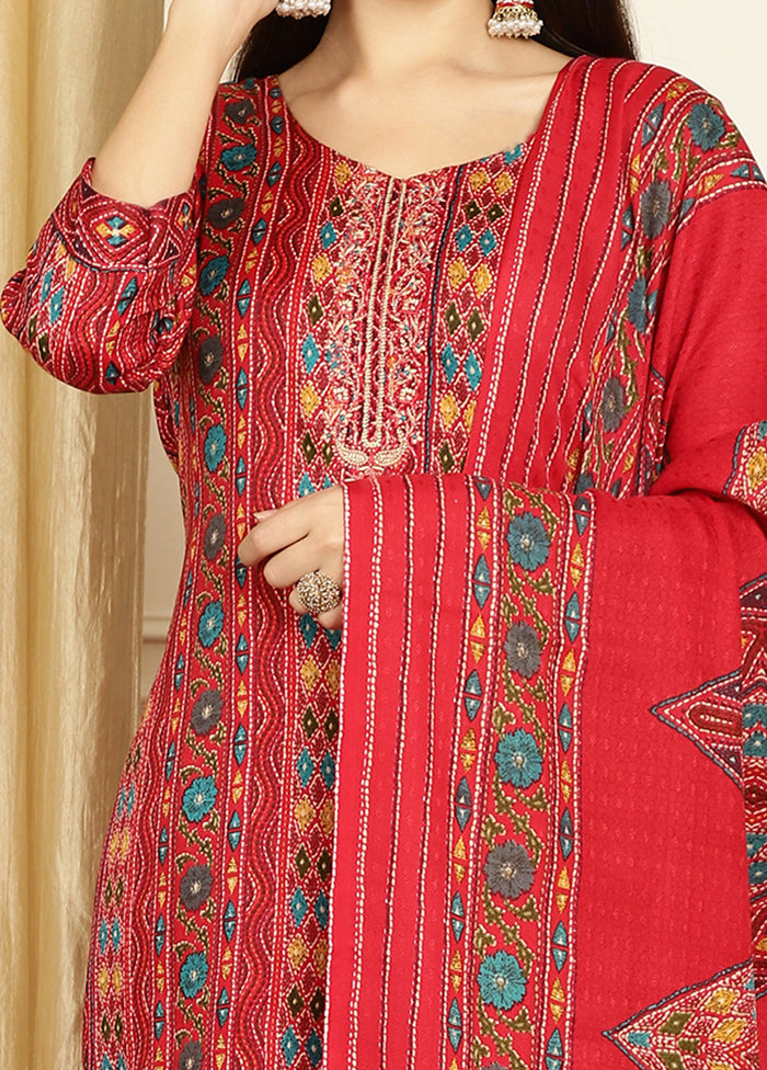 3 Pc Red Unstitched Pashmina Suit Set Free Shipping Popular