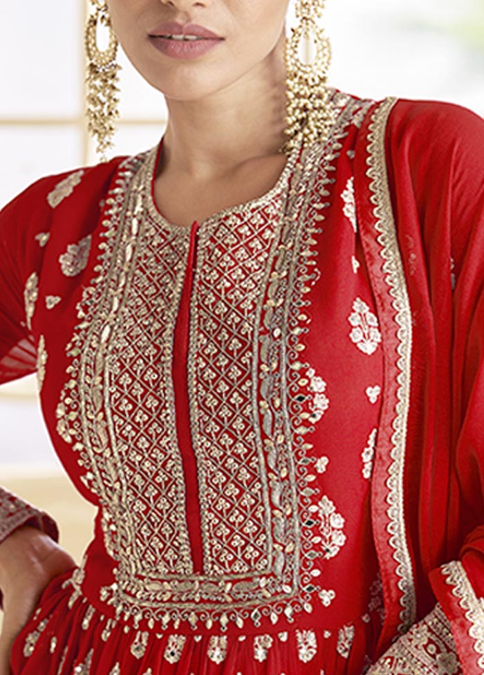 3 Pc Red Semi Stitched Georgette Suit Set Amazing Pice