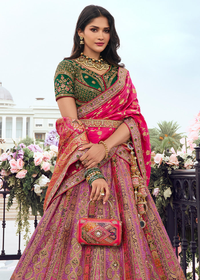 3 Pc Multicolor Silk Semi Stitched Lehenga Set Cheap Sale 2025