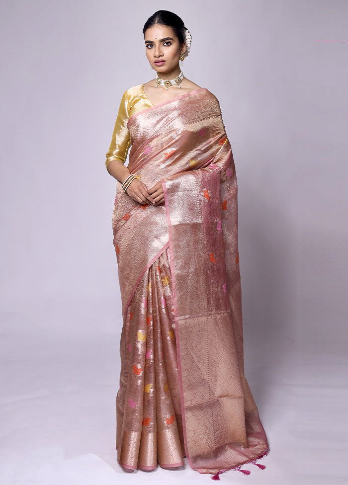 Peach Crushed Tissue Silk Saree With Blouse Piece Cheap Pice For Sale