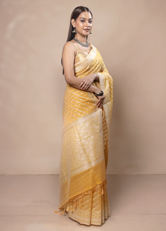 Yellow Kora Silk Saree With Blouse Piece Footlocker Finishline Online