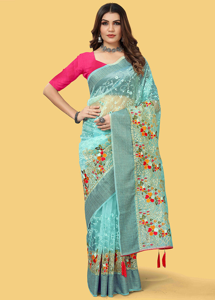 Blue Organza Saree With Blouse Piece Cheap Sale Brand New Unisex