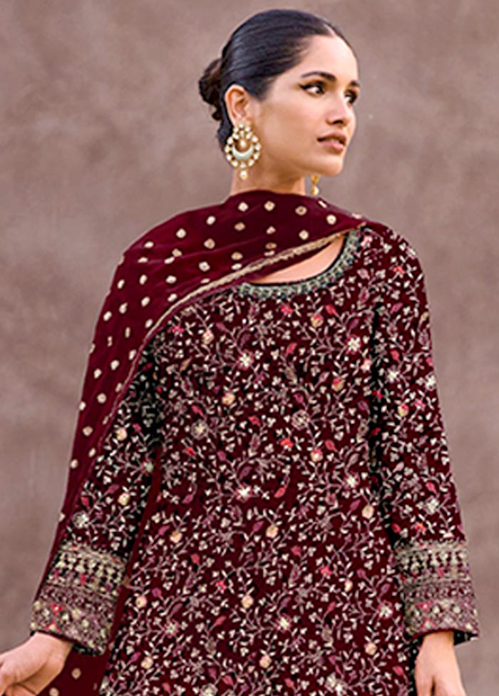 3 Pc Maroon Semi Stitched Georgette Suit Set Buy Cheap Manchester