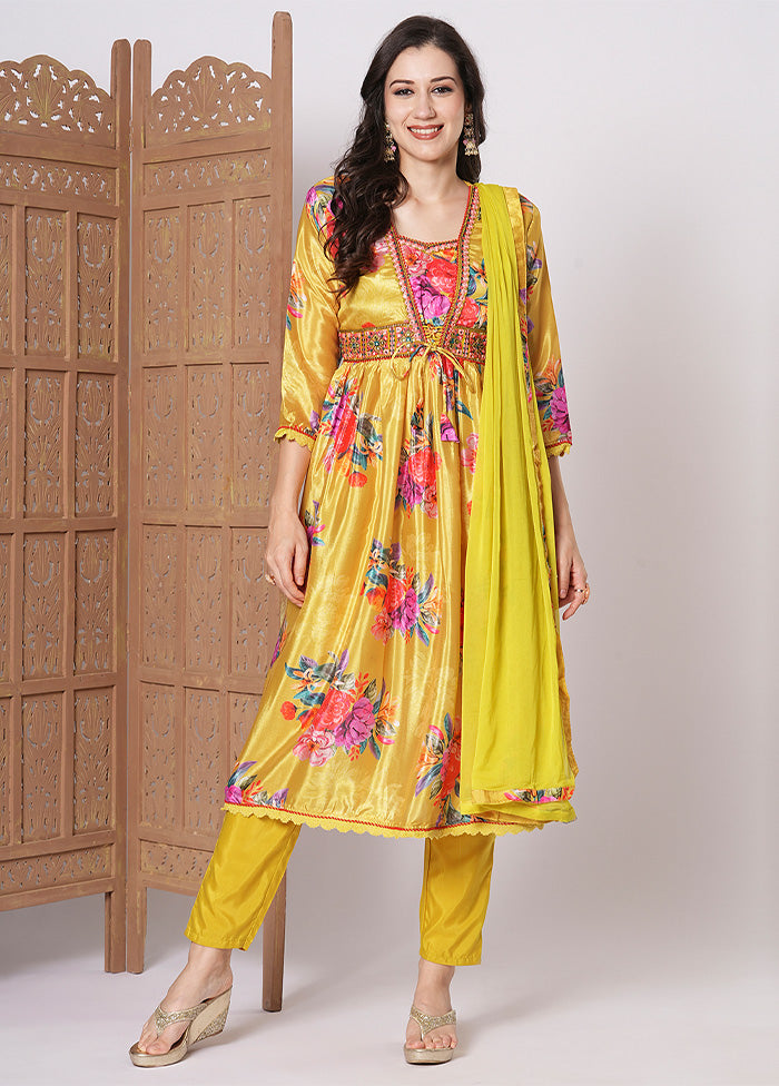 3 Pc Yellow Readymade Silk Dupatta Suit Set Shipping Discount Sale