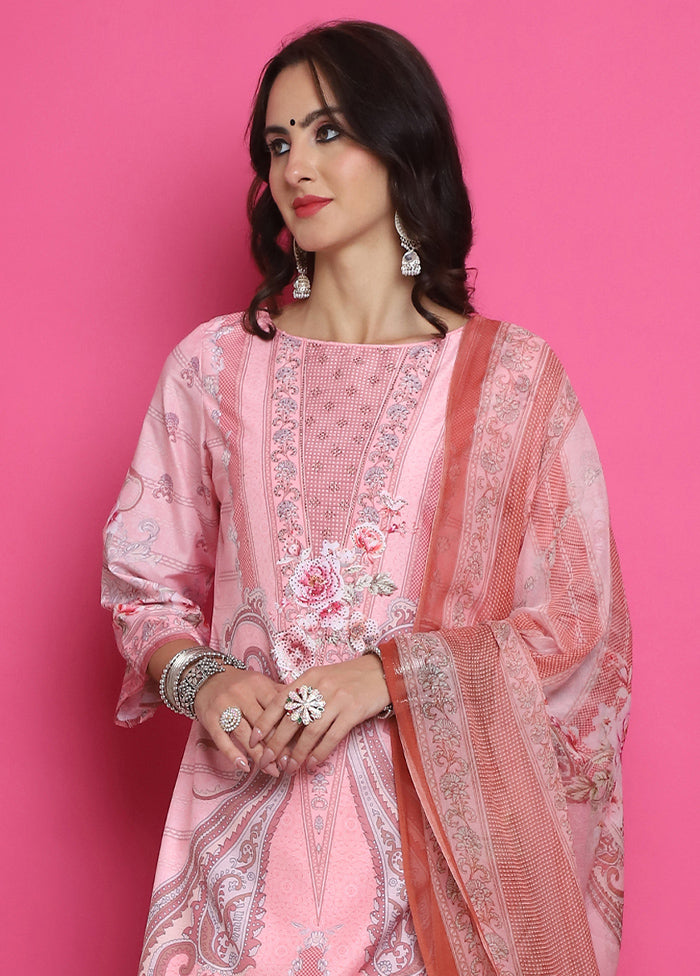 3 Pc Pink Unstitched Silk Suit Set Discount Low Shipping Fee