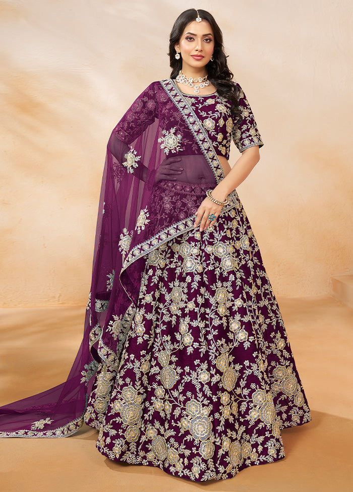 3 Pc Purple Silk Semi Stitched Lehenga Set Sale Choice