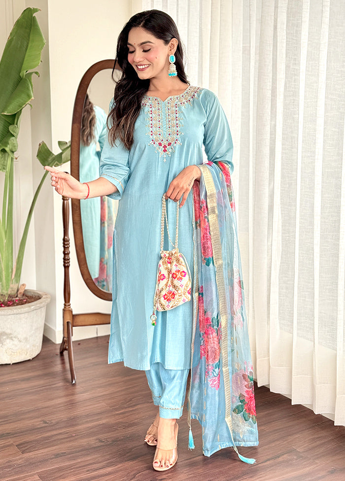 3 Pc Sky Blue Readymade Chanderi Suit Set Sale Footlocker Pictures