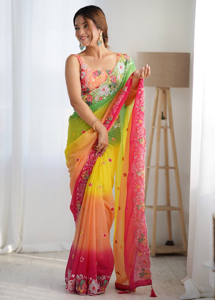 Yellow Georgette Saree With Blouse Piece Cheap Sale Free Shipping