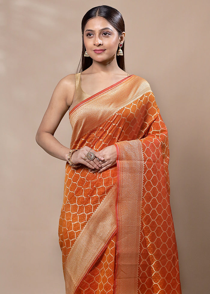 Orange Kora Silk Saree With Blouse Piece Clearance Online Official Site