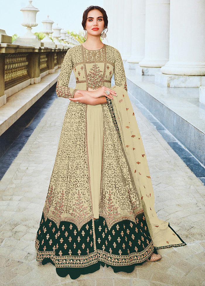 3 Pc Beige Semi Stitched Net Suit Set Online Online High Quality