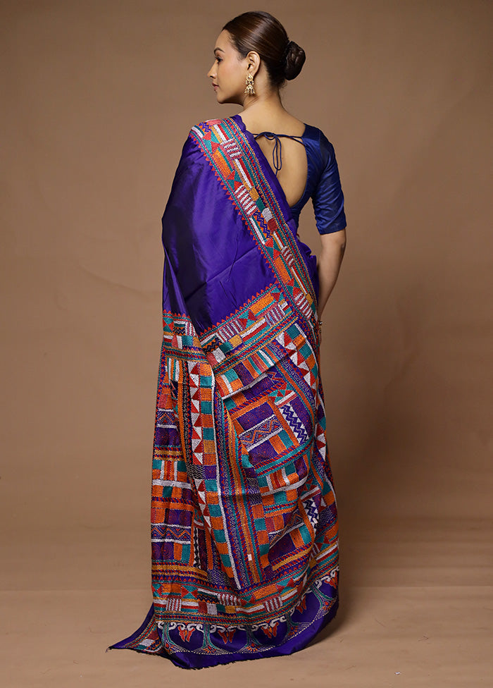 Blue Handloom Kantha Stitch Pure Silk Saree With Blouse Piece Buy Cheap Reliable