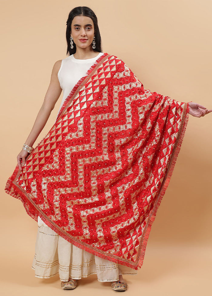 Red Chinon Phulkari Work Dupatta Cheap Sale Wiki