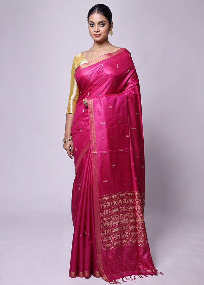 Pink Handloom Tussar Pure Silk Saree With Blouse Piece Cheap Sale Outlet