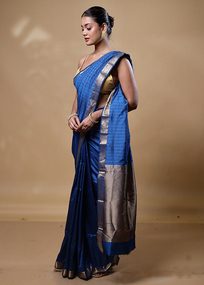 Blue Kanjivaram Silk Saree With Blouse Piece 100% Original